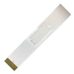 The EVOPL0023 Single Feed Plate for 30mm Wire Markers on the EVOMAX Thermal Printer is a flat, rectangular metal bracket with a brass-colored end, central cutout, engraved arrow, and smooth reflective surface.