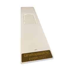 A white rectangular plastic plate with a hole at one end and a center slot, featuring the gold and black EVOPL0023 Single Feed Plate for 30mm Wire Markers on the EVOMAX Thermal Printer at the bottom.