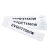 Three 80mm x 15mm White Cable Markers (No Sleeve Required) are stacked diagonally, each showing EVOCT1580W in bold black letters and featuring two rectangular holes on each end designed to fit cable ties.