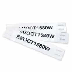 Three 80mm x 15mm White Cable Markers (No Sleeve Required) are stacked diagonally, each showing EVOCT1580W in bold black letters and featuring four rectangular holes on each end. Pack contains 108pcs