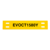 A yellow rectangular tag with four horizontal slots and the black text EVOCT1580Y printed in the center, the 80mm x 15mm Yellow Cable Marker - No Sleeve Required (108pcs) by Grafoplast offers easy identification without the need for a sleeve.