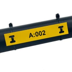 An 80mm x 15mm Yellow Cable Marker - No Sleeve Required (108pcs) is attached to a black pipe with two black zip ties, displaying "A:002" in bold black letters