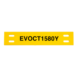 A yellow rectangular tag with four horizontal slots and the black text EVOCT1580Y printed in the center, the 80mm x 15mm Yellow Cable Marker - No Sleeve Required (108pcs) by Grafoplast offers easy identification without the need for a sleeve.