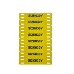 A stack of eight 54mm x 11mm Yellow Cable Markers, each labeled SI2K030Y in black, with two rectangular slots on each side of the tags designed to fit cabe ties.