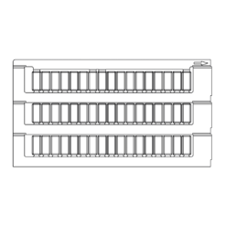Black and white line drawing showing a front view of three stacked rectangular connectors, each aligned horizontally with multiple pins. An arrow points to the right in the top right corner. This layout is commonly used for applications utilizing 8.5mm x 7.5mm Terminal Tags For Wieland (300 tags).