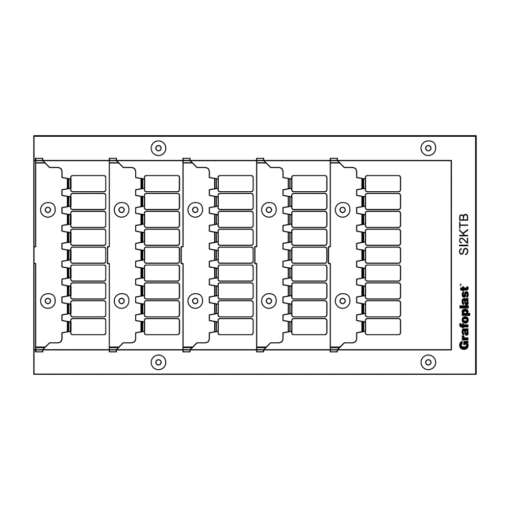 Technical line drawing depicting a rectangular component with four rows of evenly spaced tabs or connectors, labeled Grafoplast® SI2K1TB on the right side. Mounting holes are present in each corner, designed to fit 8.5mm x 7.5mm Terminal Tags For Wieland (pack of 300 tags).
