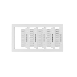 A white plastic wall plate insert with six labeled sections for network cables, each slot labeled with codes such as 568A and 568B. The insert features cutouts for wiring and installation, and is compatible with Grafoplast’s 8.5mm x 4.65mm Terminal Tags For Wieland (540 tags), enabling organized cable identification.
