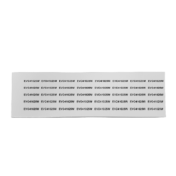 A white strip featuring multiple rows of the black text “EVO41025W” repeated in a grid pattern, created using 25mm x 10mm White Adhesive PVC Tags For Panel And Equipment Identification (720 tags).
