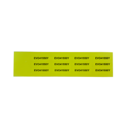 A rectangular sheet with a yellow-green background featuring ten identical black “EVO41550Y” labels, arranged in two rows of five on a plain white surface, displays 50mm x 15mm Yellow Adhesive PVC Tags for panel and equipment identification (product: 132 tags).