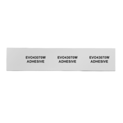 A white rectangular strip with three sets of bold black text reading EVO43070W ADHESIVE evenly spaced across the front, this is a 70mm x 30mm White Adhesive PVC Tag Suitable For Panels And Equipment (33 tags).