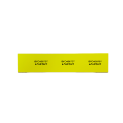 A rectangular yellow label, made from a 70mm x 30mm Yellow Adhesive PVC Tag Suitable For Panels And Equipment, features “EVO43070Y ADHESIVE” printed three times in black, evenly spaced across the label on a white background.