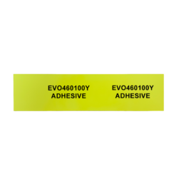 A 100mm x 60mm yellow adhesive PVC tag, suitable for panels and equipment, displays the text “EVO460100Y ADHESIVE” printed twice in black, side by side, on a plain white background.