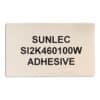 A white rectangular label, 100mm x 60mm, with adhesive backing, suitable for panels and equipment. The label has SUNLEC SI2K460100W ADHESIVE printed on it.