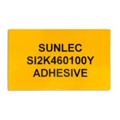 A 100mm x 60mm yellow adhesive PVC tag for panels and equipment (22 tags), with "SUNLEC SI2K460100Y ADHESIVE" printed in bold black letters.