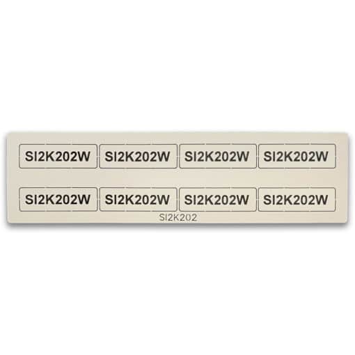 A white rectangular label sheet holds ten SI2K202W tags, each labeled in black. Designed for use with 50mm x 15mm Non Adhesive PMMA Tag Holders.