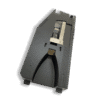 A Replacement Tube Feeder Attachment is displayed next to a black plastic and metal tape dispenser with a slanted design and visible cutting blade, both set against a white background.