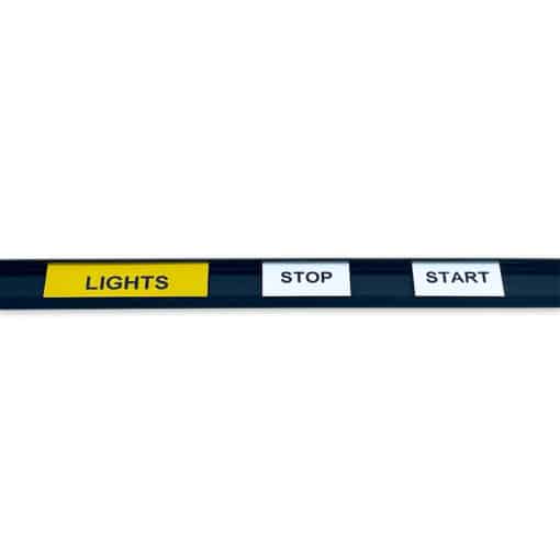 A horizontal black channel containing three labels: a yellow label saying LIGHTS, a white label saying STOP, and another white label staying START.