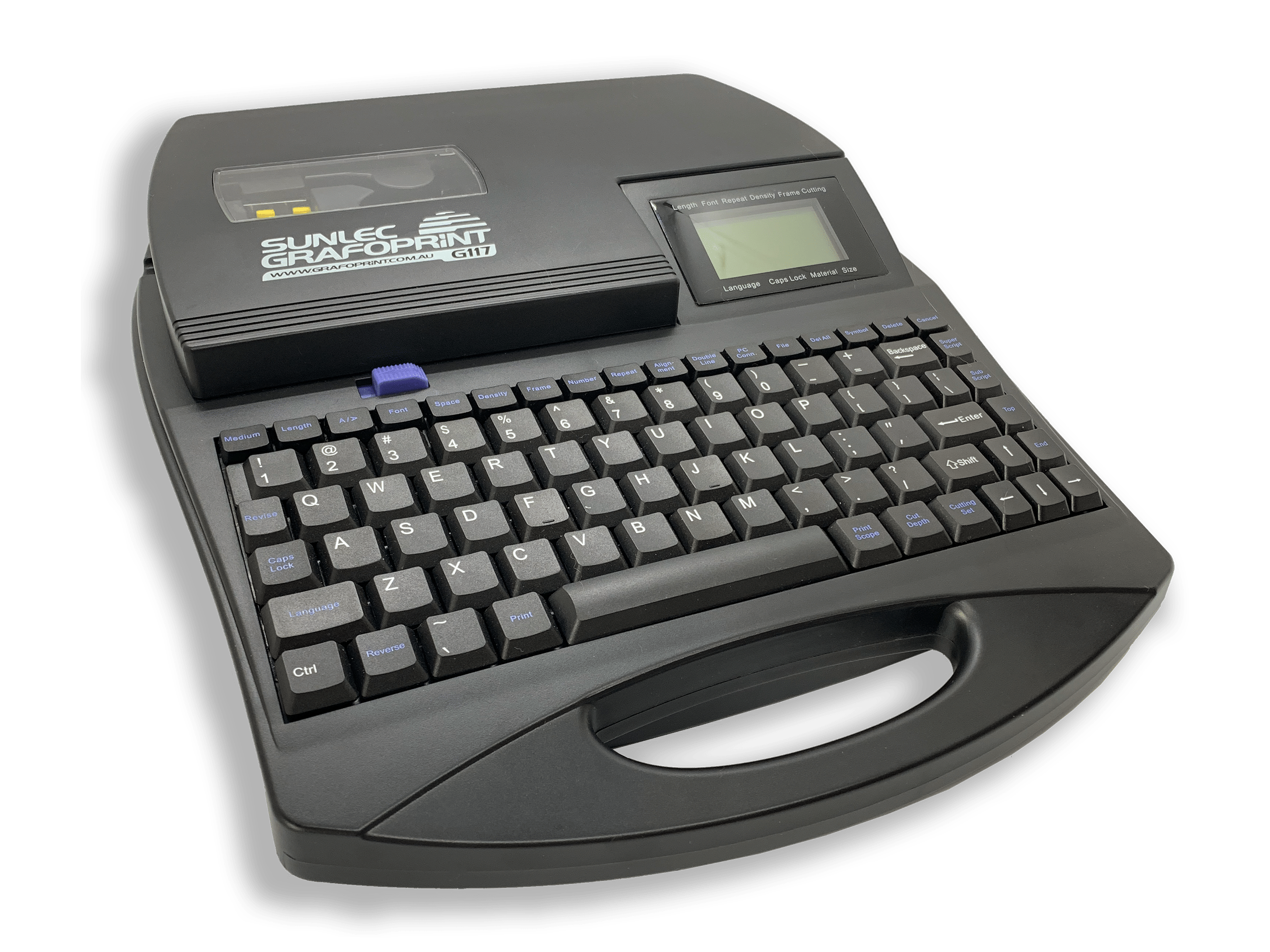 A black Sunlec GRAFOPRINT label printer with a built-in keyboard, small display screen, and convenient carrying handle—ideal for Wire Marking & Cable Marking Solutions—shown on a white background.