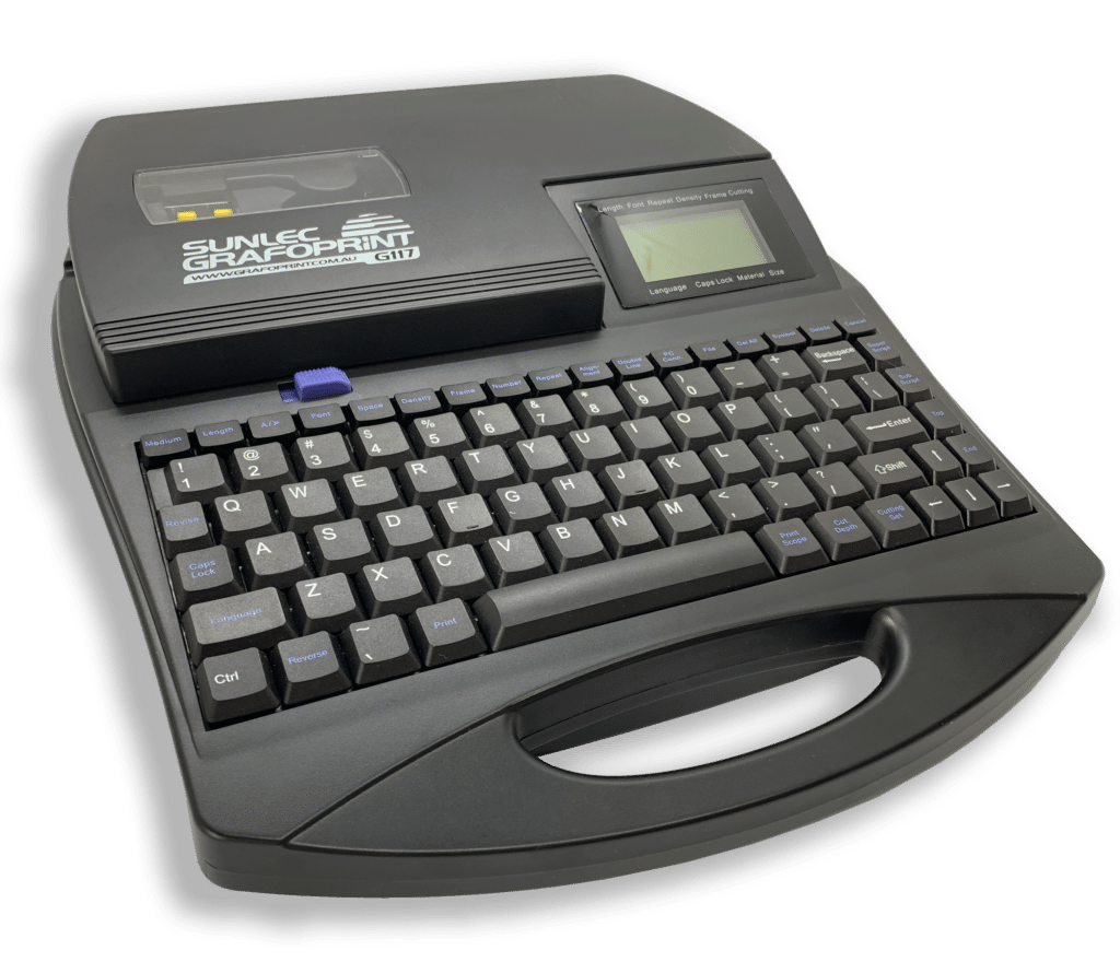 A black Sunlec GRAFOPRINT label printer with a built-in keyboard, small display screen, and convenient carrying handle—ideal for Wire Marking & Cable Marking Solutions—shown on a white background.