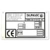 A Sunlec International SI2K601W equipment label with contact details, address, and fields for entering electrical specifications such as voltage (V), current (A), power (kA), frequency (Hz), and IP 55 rating. CE mark is also visible.