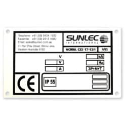 A Sunlec International equipment label with contact details, address, and fields for entering electrical specifications such as voltage (V), current (A), power (kA), frequency (Hz), and IP 55 rating. CE mark is also visible.