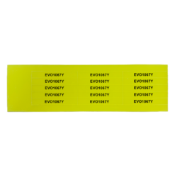 A yellow sheet with ten small rectangular labels, each printed with the code EVO1067Y in black text, arranged in two rows of five labels each.