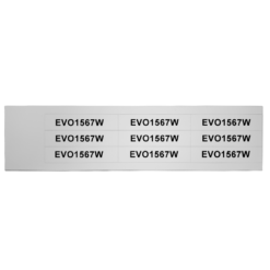 A sheet with twelve white labels, arranged in three rows and four columns, each printed with the black text EVO1567W in all capital letters.