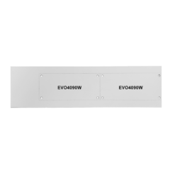 A white rectangular metal plate with two labeled sections, each marked EVO4090W in black text and outlined by four screws at the corners.