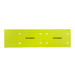 A rectangular yellow metal plate with two outlined sections, each labeled EVO4090Y, and multiple small rectangular holes along the edges.