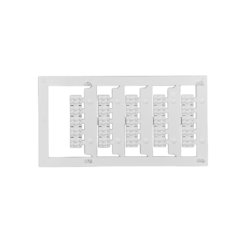 A flat, rectangular, translucent blue plastic sheet with four vertical rows of small, connected rectangular tabs and circular indents, placed on a light gray background.
