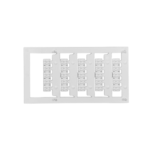 A flat, rectangular, translucent blue plastic sheet with four vertical rows of small, connected rectangular tabs and circular indents, placed on a light gray background.